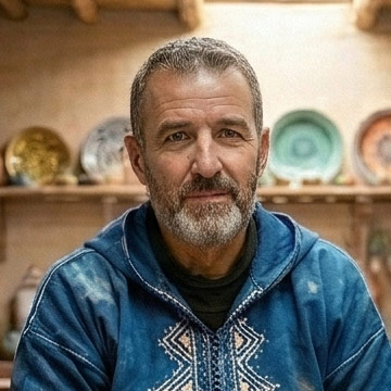 Middle-aged man with a gray beard wearing a blue patterned jacket, seated indoors with decorative plates on a shelf behind him.