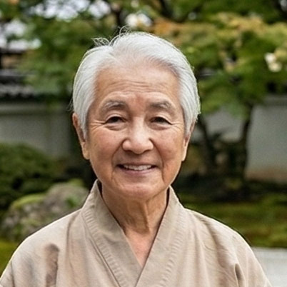 Smiling elderly woman with short white hair wearing a beige robe standing outdoors with greenery in the background.