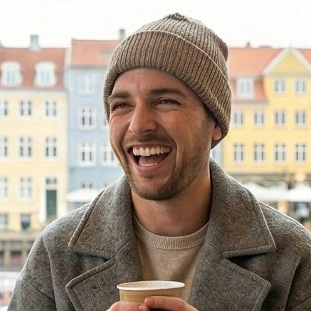 Smiling man wearing a tan knit beanie and gray coat holding a cup in front of colorful buildings.