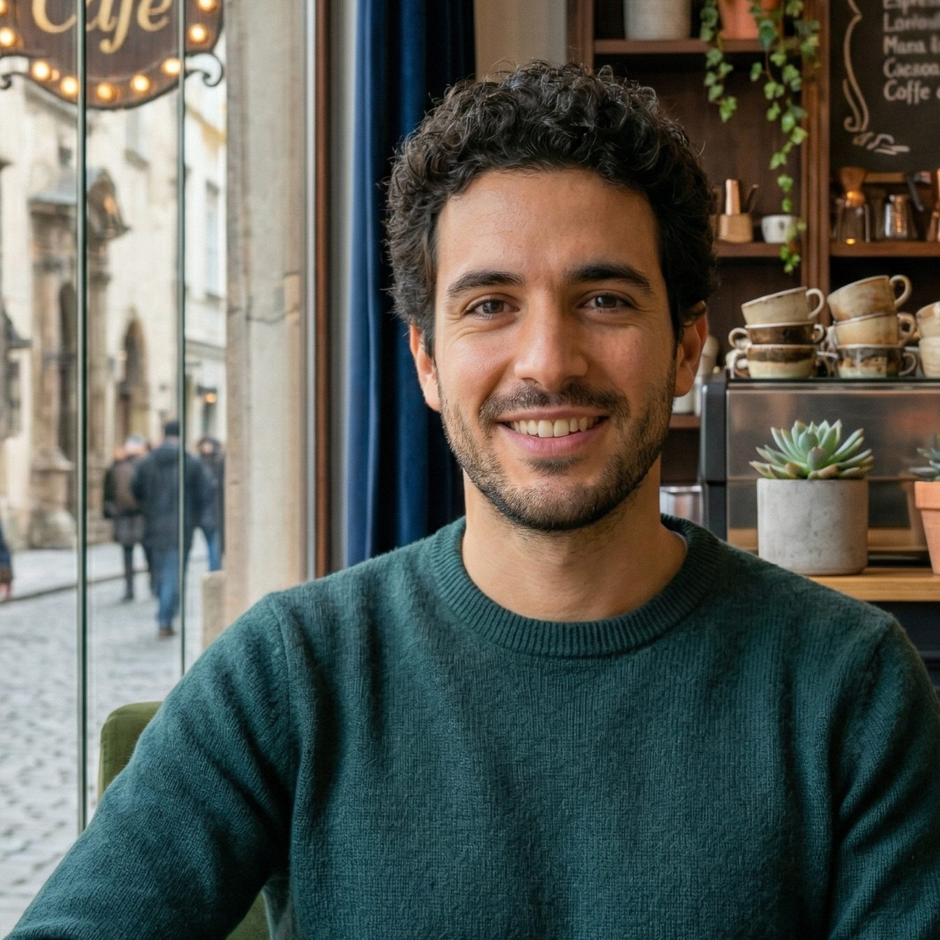 Smiling man with curly hair wearing a green sweater sitting inside a cafe with a window showing a street view.