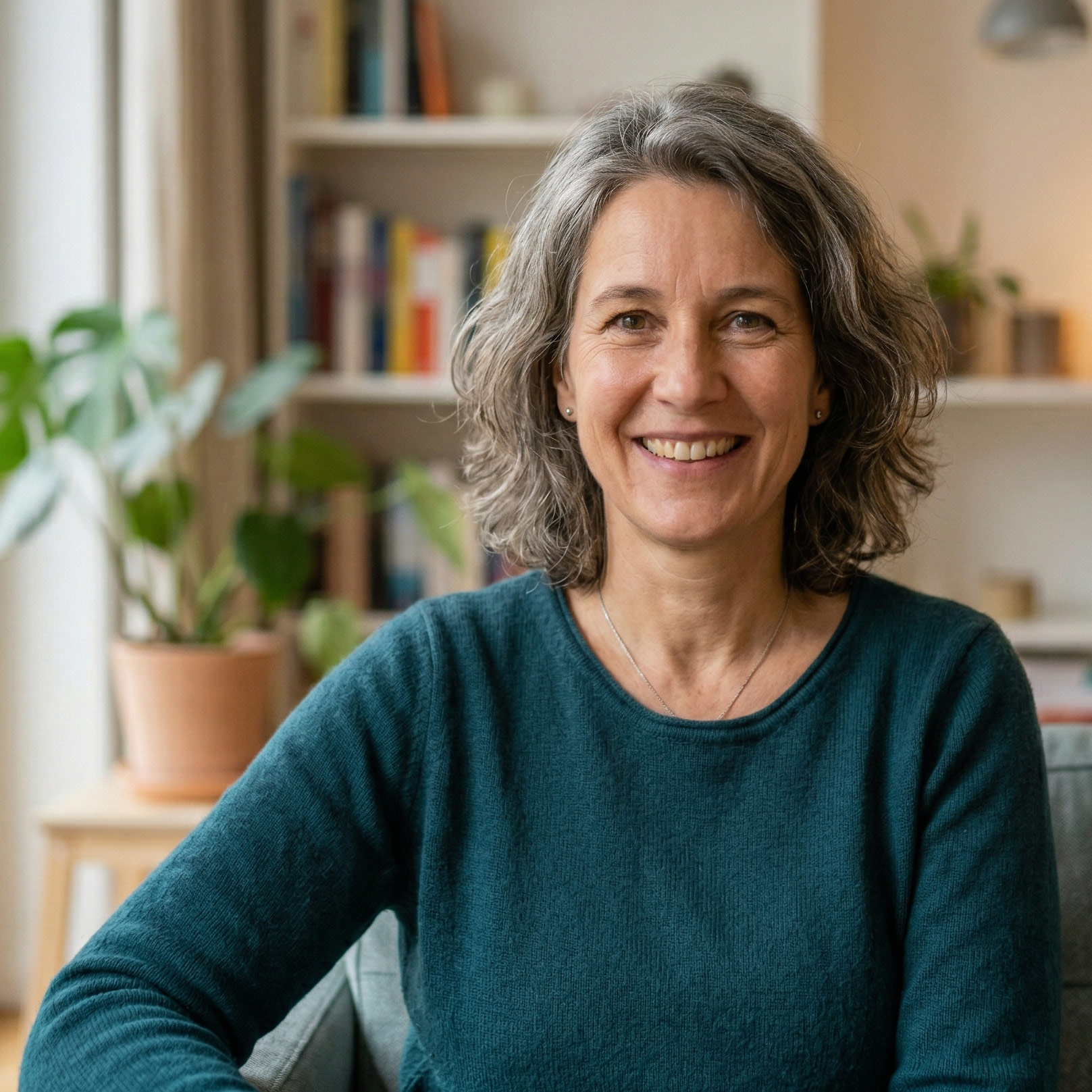 Smiling middle-aged woman with curly gray hair wearing a teal sweater sitting in a cozy room with bookshelves and plants in the background.