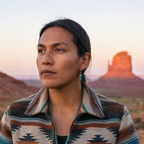 Portrait of a woman with dark hair wearing a patterned jacket and turquoise earrings, standing outdoors with desert landscape and a rock formation in the background.