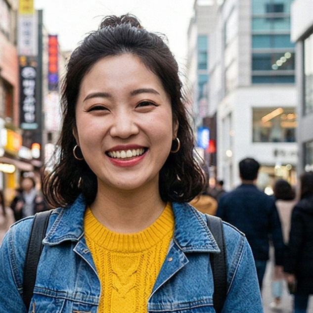 Smiling woman wearing a yellow sweater and denim jacket standing in a busy urban street.