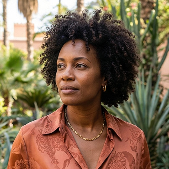 Woman with curly hair wearing a patterned rust-colored blouse and gold necklace, standing outdoors with greenery in the background.