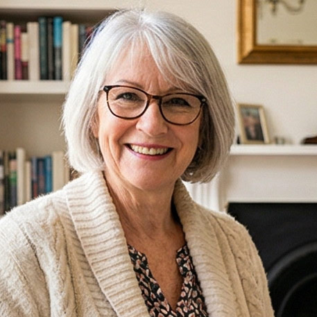Smiling older woman with gray hair and glasses wearing a beige knitted cardigan and patterned blouse indoors.