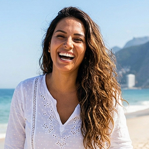 Smiling woman with long curly hair wearing a white embroidered blouse at a sunny beach.